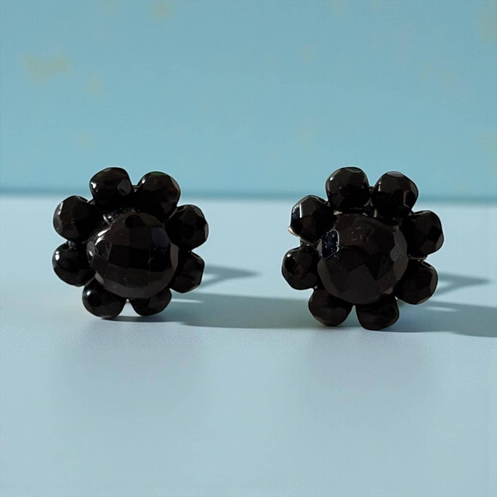 Vintage Black Faceted Cluster Screw Back Earrings Mid Century Glass Floral